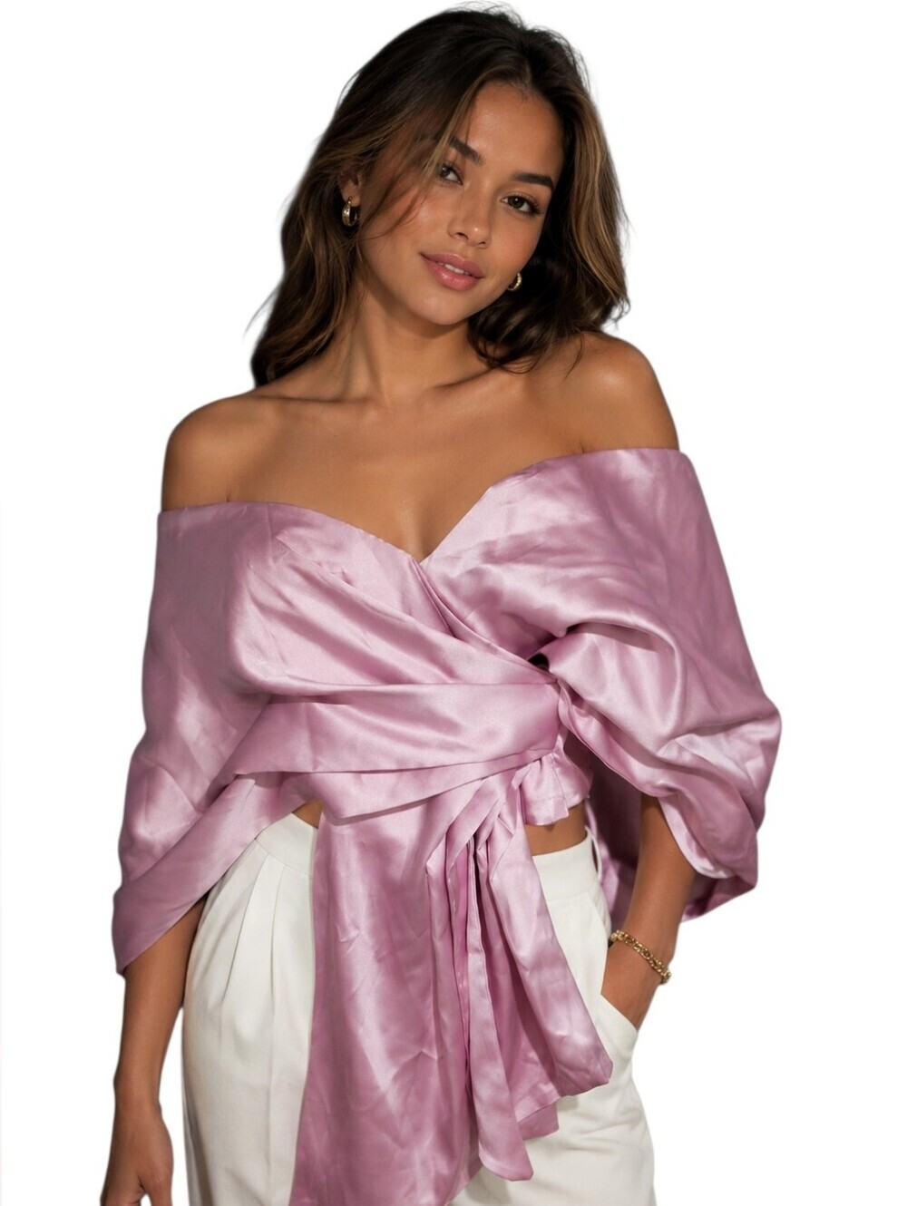 Commense NWT Blush Pink Satin Off Shoulder Statement Bow Top XL